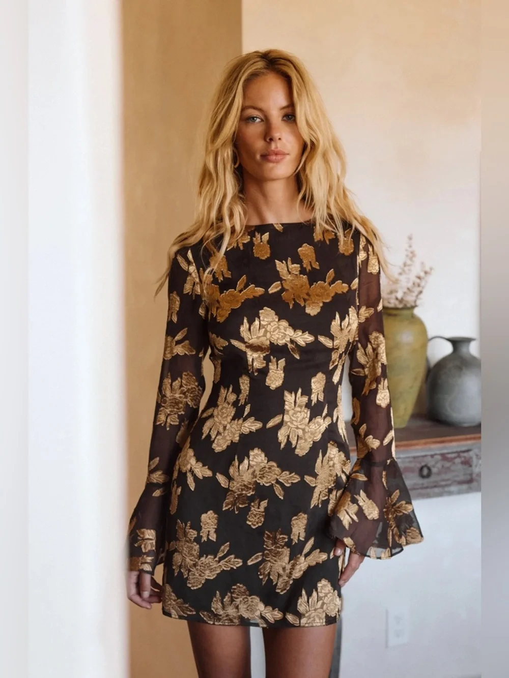 12th Tribe Marissa Gold and Black Floral Mini Dress Size XS - Picture 4 of 10